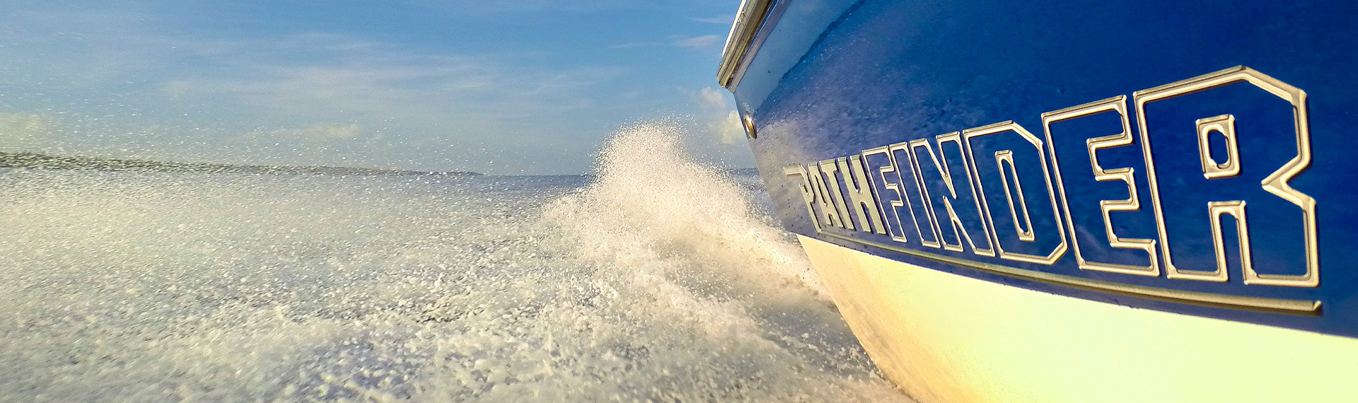 Close-up of Pathfinder logo on hull of running Pathfinder boat.